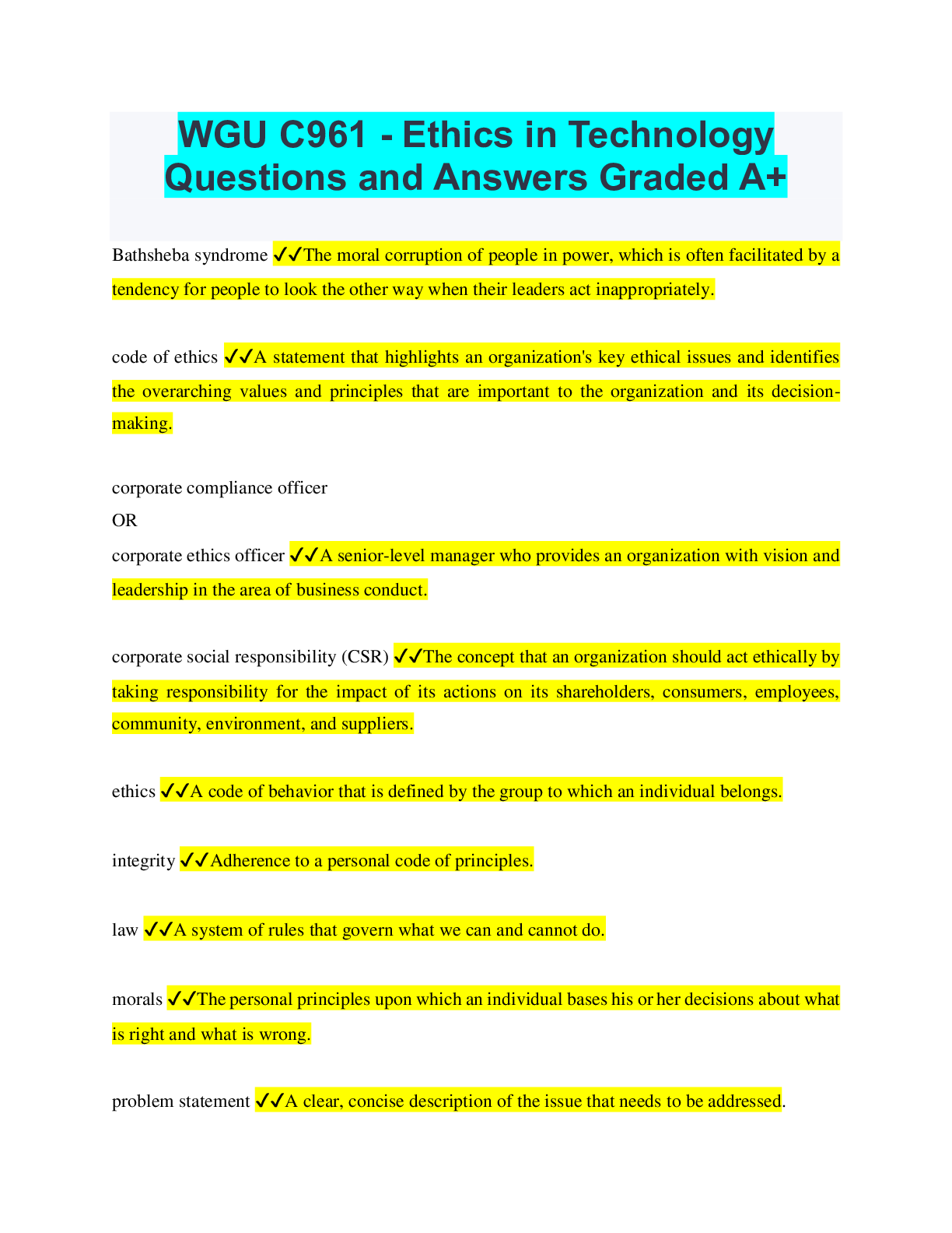 Preview image for WGU C961 - Ethics in Technology Questions and Answers Graded A+
